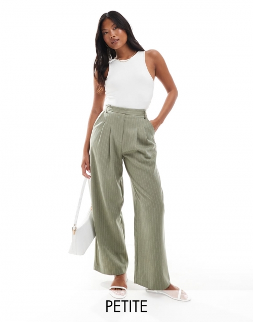 Miss Selfridge Petite wide leg tailored pants in khaki pinstripe