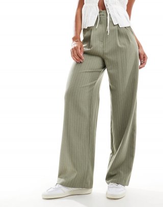 Miss Selfridge wide leg tailored pants in khaki pinstripe