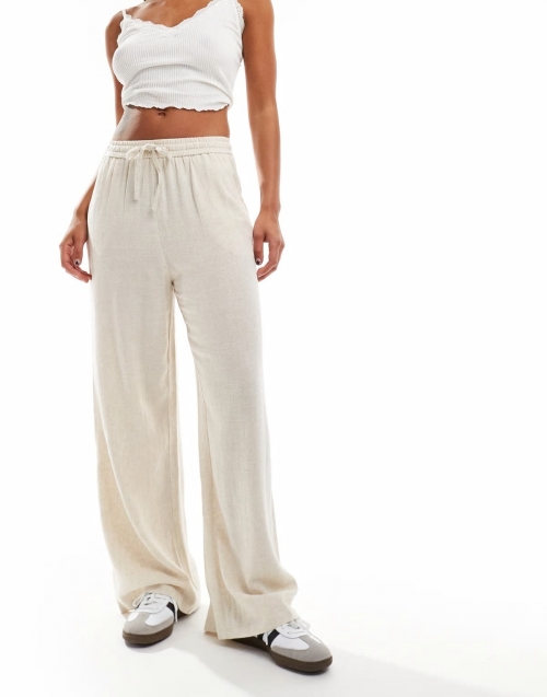 Miss Selfridge linen blend pull on wide leg pants in natural slub