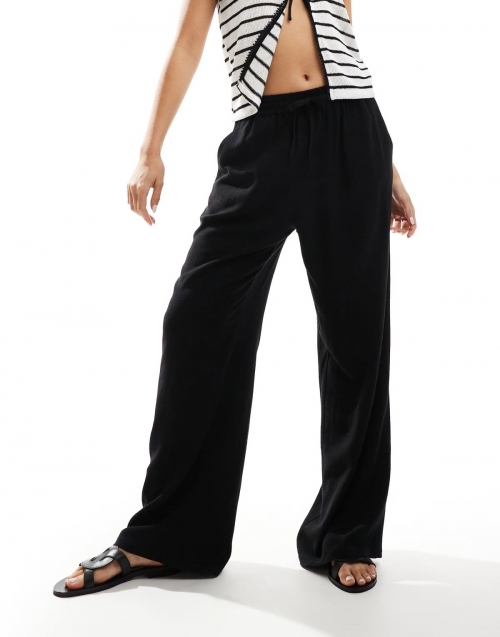 Miss Selfridge linen blend pull on wide leg pants in black