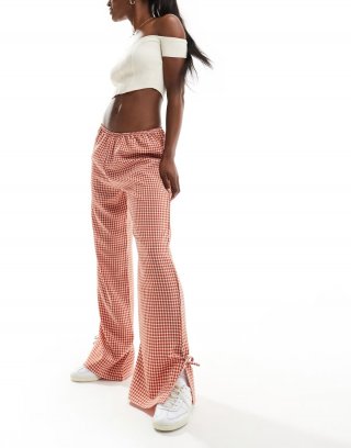 Miss Selfridge pull on cotton poplin wide leg gingham pants with tie side detail in rust