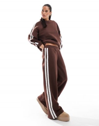 Miss Selfridge premium lace side stripe wide leg sweatpants in chocolate