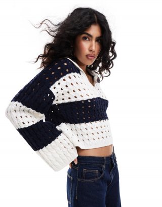 Miss Selfridge striped open stitch crochet long sleeve polo sweater