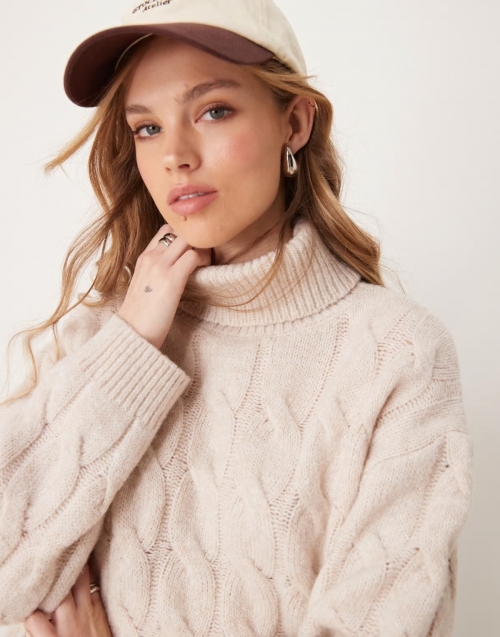 Miss Selfridge cable high neck cozy knit sweater in oatmeal