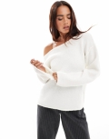 Miss Selfridge asymmetric off the shoulder slouchy cozy knit sweater in cream