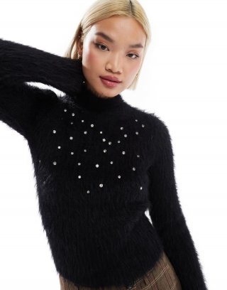 Miss Selfridge embellished lash funnel neck long sleeve sweater in black