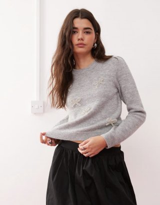 Miss Selfridge diamante puff sleeve sweater in gray heather