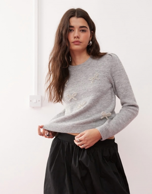 Miss Selfridge diamante puff sleeve sweater in gray heather