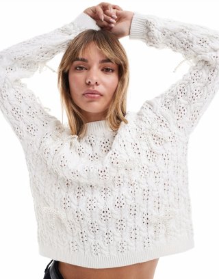 Miss Selfridge open stitch faux pearl boxy sweater in cream