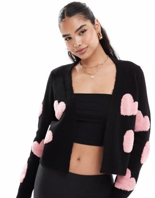 Miss Selfridge textured heart cardigan in black with pink hearts