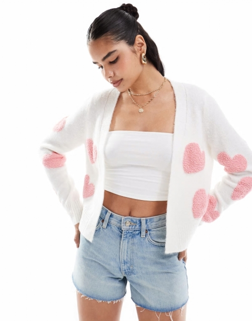 Miss Selfridge textured heart cardigan in cream with pink hearts