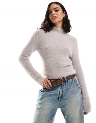 Miss Selfridge long sleeve lash knit top in mushroom