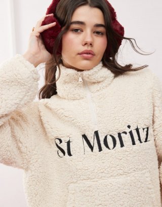 Miss Selfridge St Moritz teddy half zip top in ivory