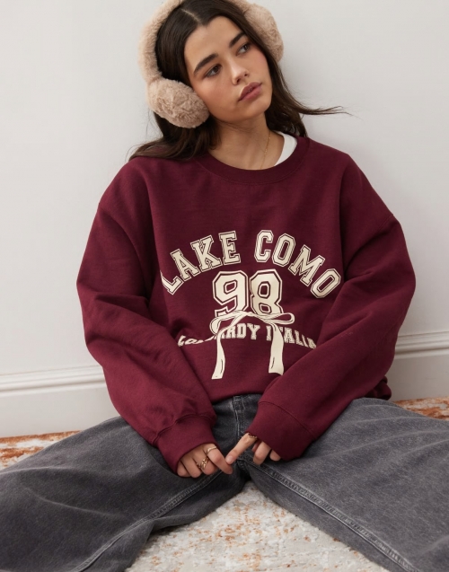 Miss Selfridge Lake Como oversized sweatshirt in burgundy