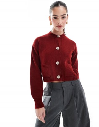 Miss Selfridge seam detail crew neck boxy cardigan in burgundy