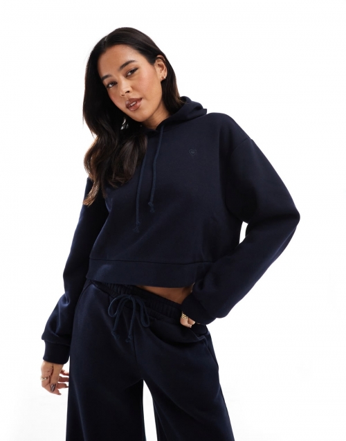 Miss Selfridge oversized heart embroidered heavy fleece lined hoodie in indigo