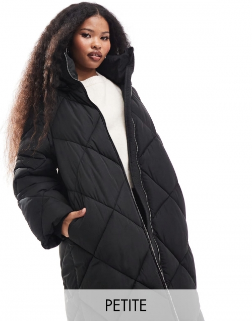 Miss Selfridge Petite quilted hooded maxi puffer coat in black