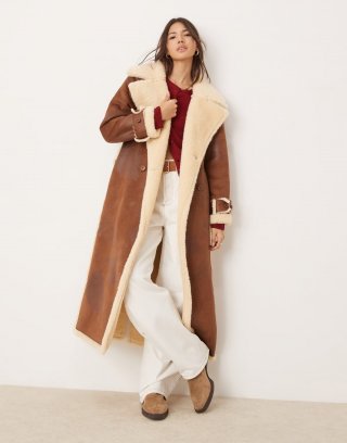 Miss Selfridge borg contrast belted maxi wrap coat in tan