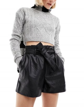 Miss Selfridge faux leather belted short in black