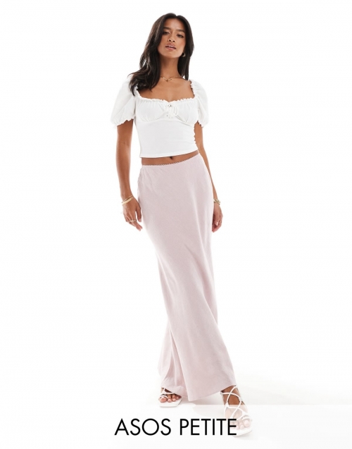 Miss Selfridge Petite linen look bias maxi skirt in soft pink