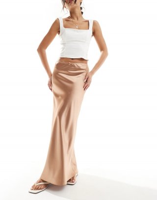 Miss Selfridge satin trim detail bias maxi skirt in bronze