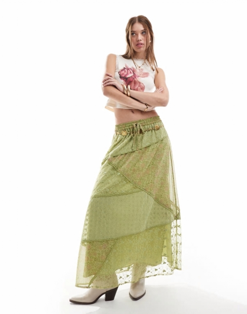 Miss Selfridge mix fabric patchwork panel maxi skirt in green