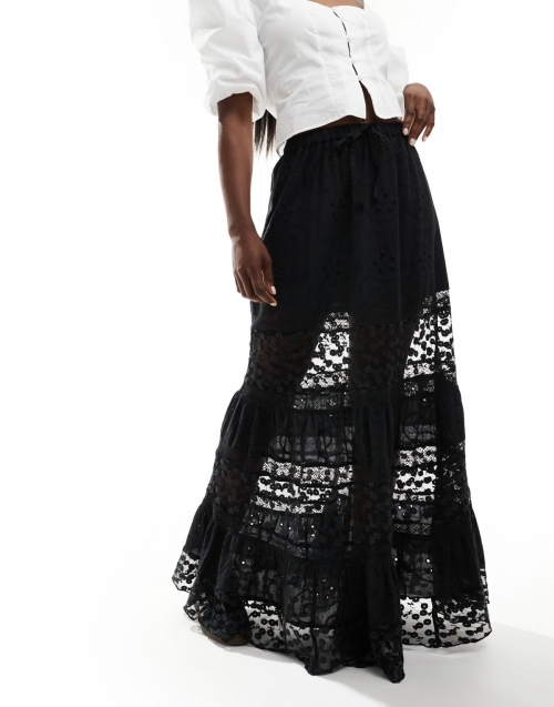 Miss Selfridge broderie lace insert tiered prairie maxi skirt in black