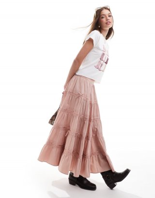 Miss Selfridge tiered ribbon trim insert prairie maxi skirt in pink