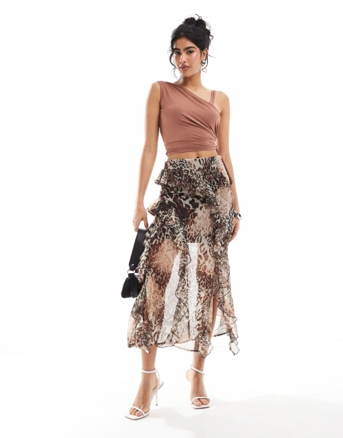 Miss Selfridge chiffon asym ruffle maxi skirt in animal print