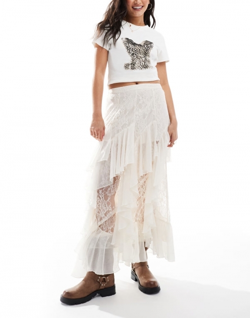 Miss Selfridge lace and chiffon mix maxi skirt in ivory