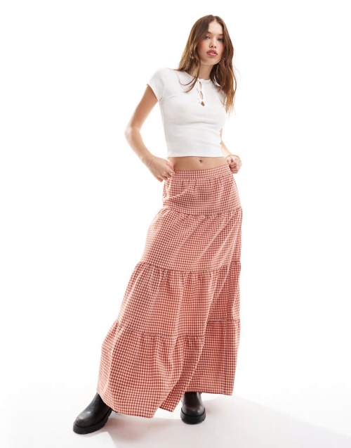 Miss Selfridge tiered maxi gingham skirt in rust