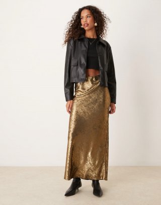 Miss Selfridge maxi skirt in gold metallic