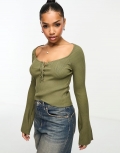 Miss Selfridge lace up detail sweetheart neck flare sleeve knit ribbed top in khaki