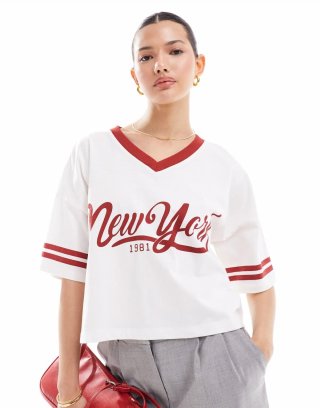 Miss Selfridge short sleeve V neck New York tipped cropped T-shirt in white and red