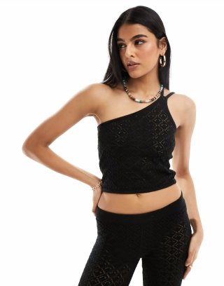 Miss Selfridge crochet one shoulder cami top in black - part of a set