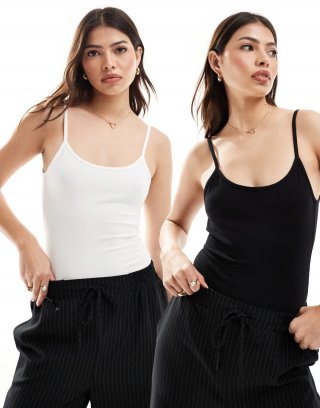 Miss Selfridge cami strap low back bodysuit 2 pack in black and white