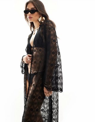 Miss Selfridge lace wide sleeve maxi kimono in black