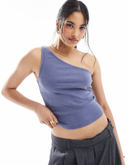 Miss Selfridge ribbed one shoulder top in washed blue