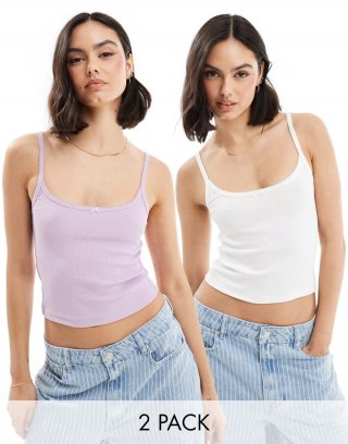 Miss Selfridge 2 pack lace trim ribbed cami top in white and lilac