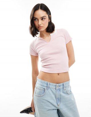 Miss Selfridge short sleeve notch front ribbed t-shirt in light pink