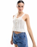 Miss Selfridge crochet contrast satin lace up bow cami in cream