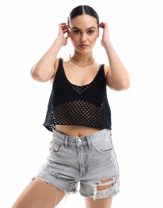 Miss Selfridge open stitch crochet crop tank top in black