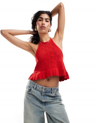 Miss Selfridge crochet peplum hem halterneck cami in red