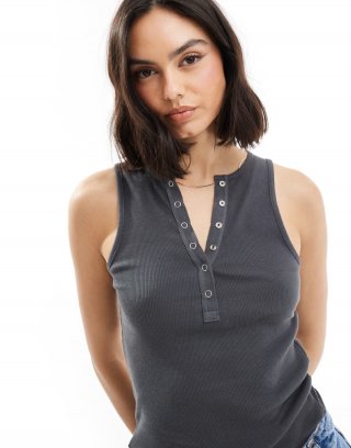 Miss Selfridge sleeveless snap top in charcoal