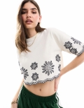 Miss Selfridge cropped tee with daisy embroidery in cream