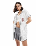 Miss Selfridge Los Angeles 91 graphic baseball tunic in blue and white stripe