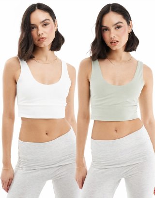 Miss Selfridge scoop bralette 2 pack in white and sage