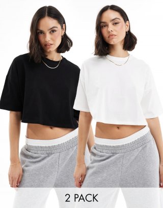 Miss Selfridge 2 pack cropped tee in black and white