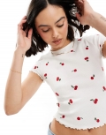 Miss Selfridge short sleeve ruffle sleeve T-shirt with cherry embroidery in white