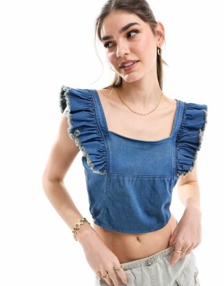 Miss Selfridge frill detail denim corset top in indigo wash